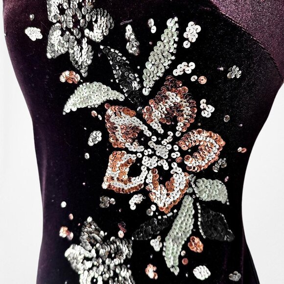 Vintage Brown Velvet Strapless Floral Beaded Sequin Maxi Bodycon Prom Dress M/L - Picture 7 of 7